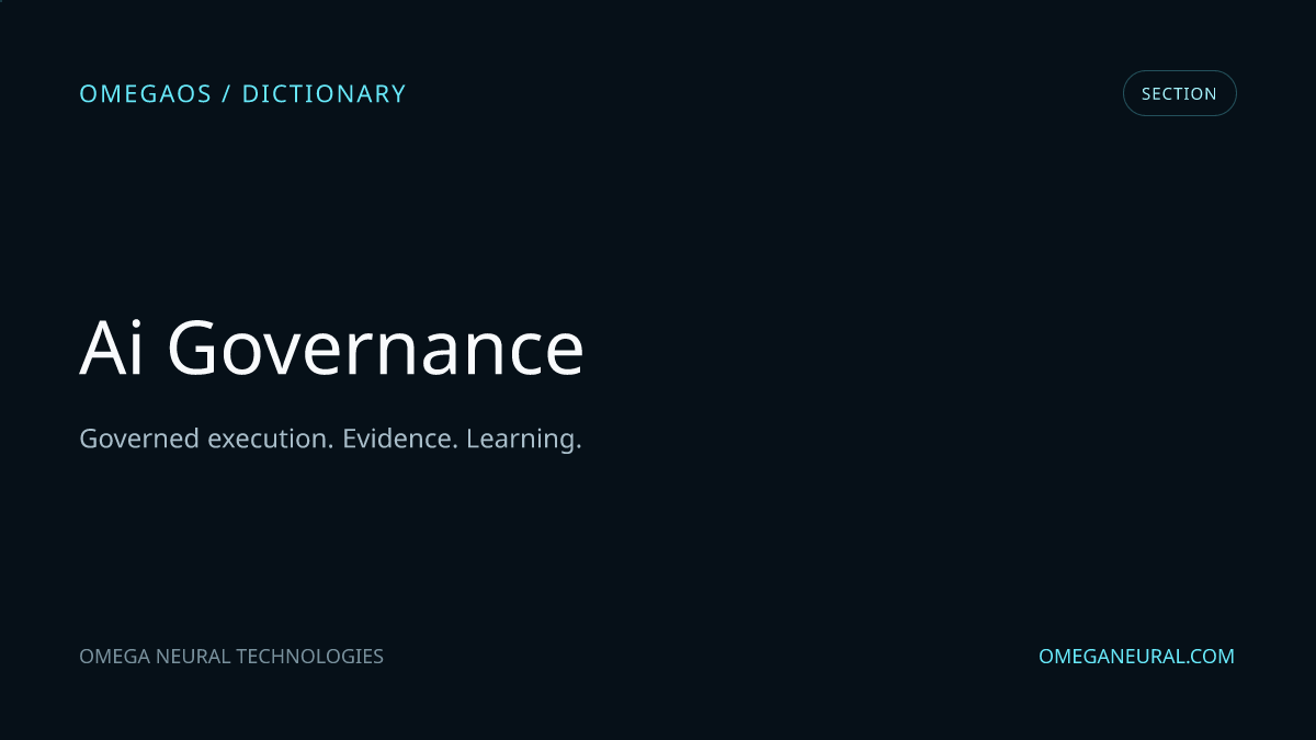 Branded OmegaOS editorial graphic for AI Governance, used while the reviewed section visual is prepared.