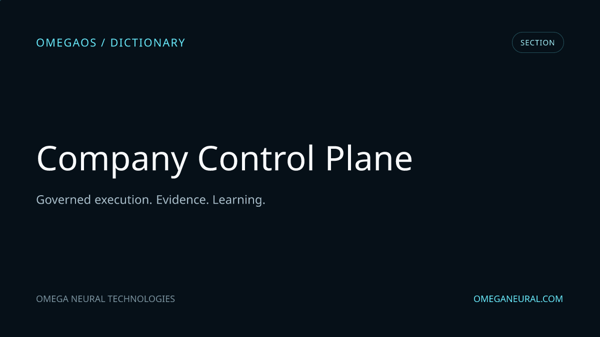Branded OmegaOS editorial graphic for Company Control Plane, used while the reviewed section visual is prepared.