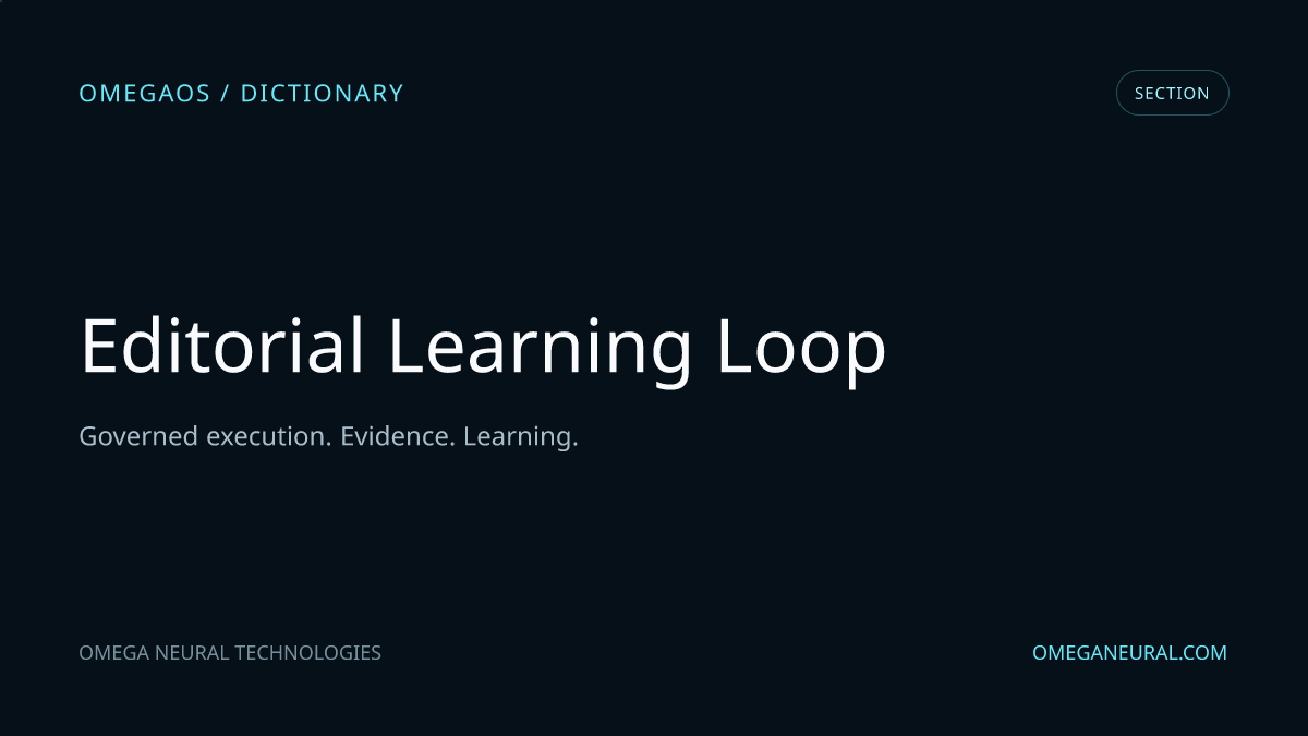 Branded OmegaOS editorial graphic for Editorial Learning Loop, used while the reviewed section visual is prepared.