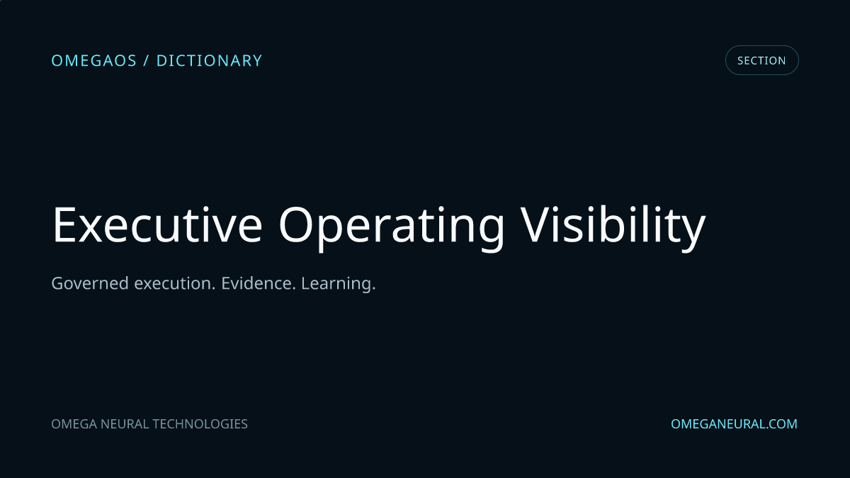 Branded OmegaOS editorial graphic for Executive Operating Visibility, used while the reviewed section visual is prepared.